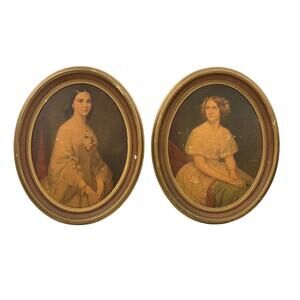 Antique Pair Jenny Lind And Southern Belle Lithograph Prints Oval Frames 13x11"